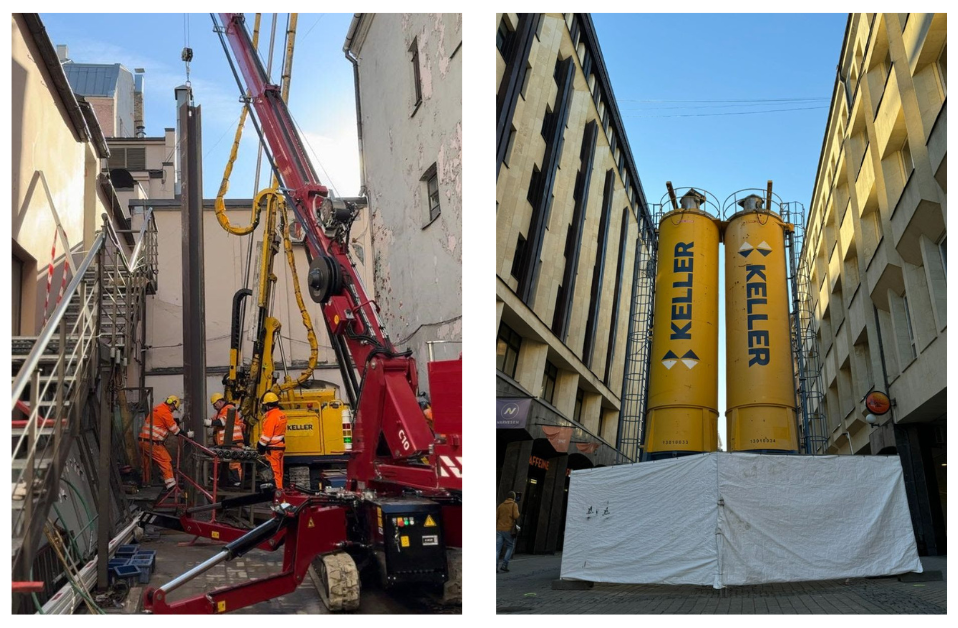 Left: Foundation reinforcement work in the building’s courtyard on the Vaļņu Street side. Right: KELLER silos filled with SCHWENK cement.